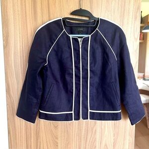 J. Crew Blazer 100% Linen Blue Jacket Blazer Size 4Piping Crop Lined Zip Women